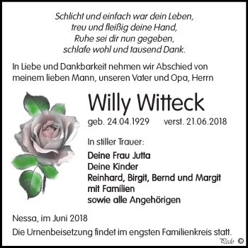 Traueranzeige von Willy Witteck von Mitteldeutsche Zeitung Weißenfels