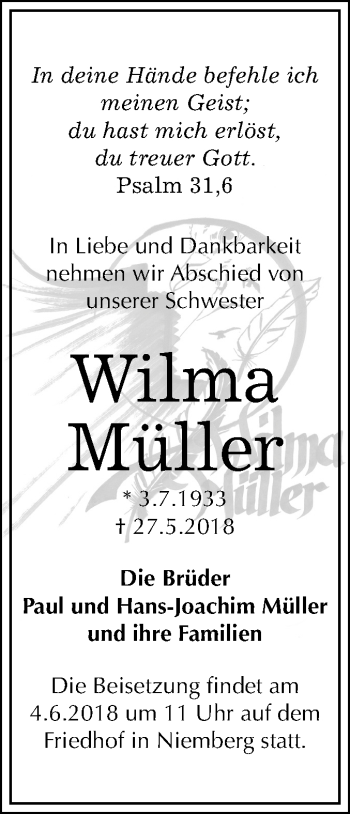 Traueranzeige von Wilma Müller von Mitteldeutsche Zeitung Halle/Saalkreis