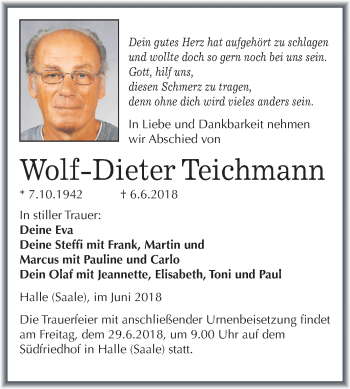 Traueranzeige von Wolf-Dieter Teichmann von Mitteldeutsche Zeitung Halle/Saalkreis