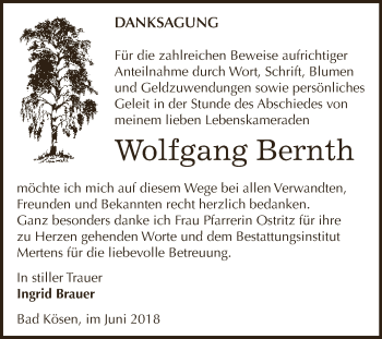 Traueranzeige von Wolfgang Bernth von WVG - Wochenspiegel NMB / WSF / ZTZ