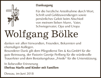 Traueranzeige von Wolfgang Bölke von WVG - Wochenspiegel Dessau / Köthen