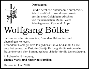 Traueranzeige von Wolfgang Bölke von Mitteldeutsche Zeitung