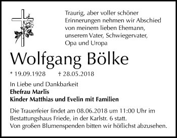 Traueranzeige von Wolfgang Bölke von Mitteldeutsche Zeitung