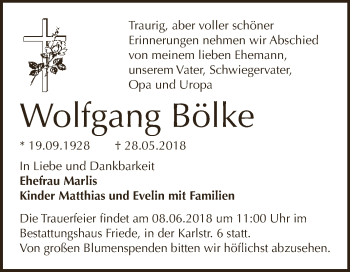 Traueranzeige von Wolfgang Bölke von WVG - Wochenspiegel Dessau / Köthen