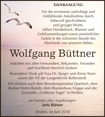 Traueranzeige von Wolfgang Büttner von WVG - Wochenspiegel Dessau / Köthen