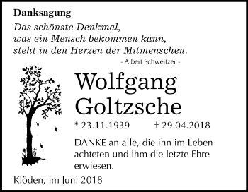 Traueranzeige von Wolfgang Goltzsche von Mitteldeutsche Zeitung