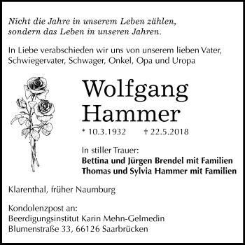 Traueranzeige von Wolfgang Hammer von Mitteldeutsche Zeitung