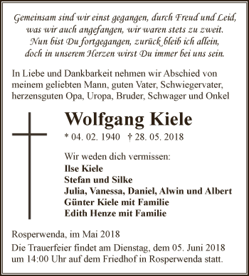 Traueranzeige von Wolfgang Kiele von Super Sonntag SGH Mansf. Land