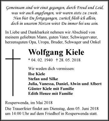 Traueranzeige von Wolfgang Kiele von Mitteldeutsche Zeitung Sangerhausen