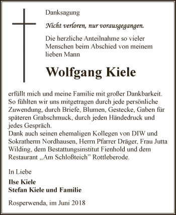Traueranzeige von Wolfgang Kiele von Super Sonntag SGH Mansf. Land