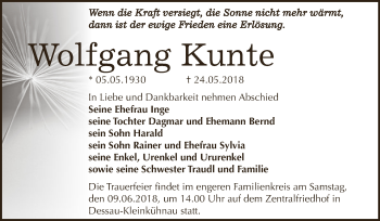 Traueranzeige von Wolfgang Kunte von WVG - Wochenspiegel Dessau / Köthen