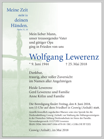 Traueranzeige von Wolfgang Lewerenz von Super Sonntag Wittenberg