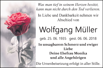 Traueranzeige von Wolfgang Müller von Mitteldeutsche Zeitung Bitterfeld