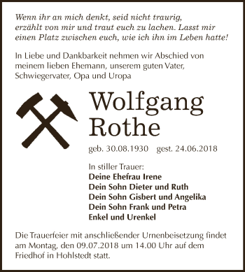 Traueranzeige von Wolfgang Rothe von Super Sonntag SGH Mansf. Land