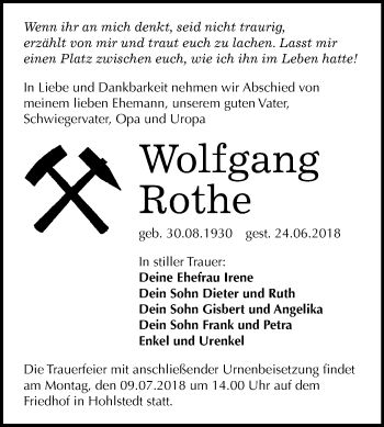 Traueranzeige von Wolfgang Rothe von Mitteldeutsche Zeitung Sangerhausen