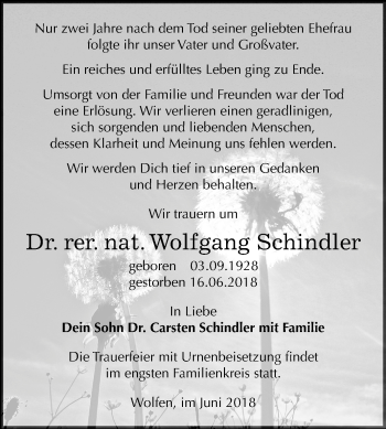 Traueranzeige von Wolfgang Schindler von Mitteldeutsche Zeitung Bitterfeld