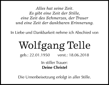 Traueranzeige von Wolfgang Telle von Mitteldeutsche Zeitung Bernburg