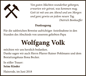 Traueranzeige von Wolfgang Volk von Super Sonntag SGH Mansf. Land