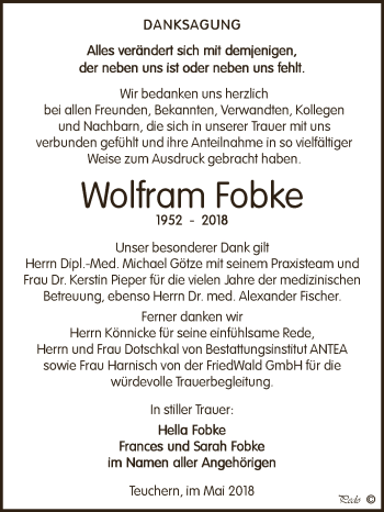Traueranzeige von Wolfram Fobke von WVG - Wochenspiegel NMB / WSF / ZTZ