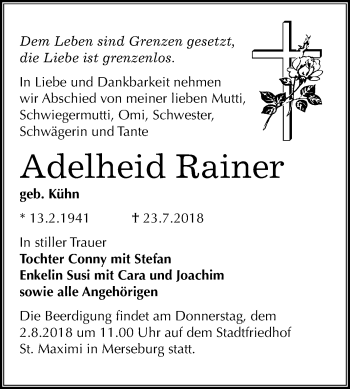 Traueranzeige von Adelheid Rainer von Mitteldeutsche Zeitung Merseburg/Querfurt