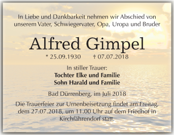 Traueranzeige von Alfred Gimpel von Mitteldeutsche Zeitung Merseburg/Querfurt