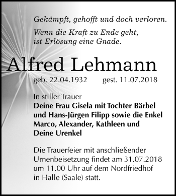 Traueranzeige von Alfred Lehmann von Mitteldeutsche Zeitung Halle/Saalkreis