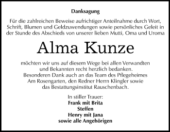 Traueranzeige von Alma Kunze von Mitteldeutsche Zeitung