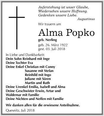 Traueranzeige von Alma Popko von Mitteldeutsche Zeitung Zeitz