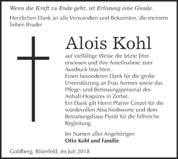 Traueranzeige von Alois Kohl von WVG - Wochenspiegel Bitterfeld