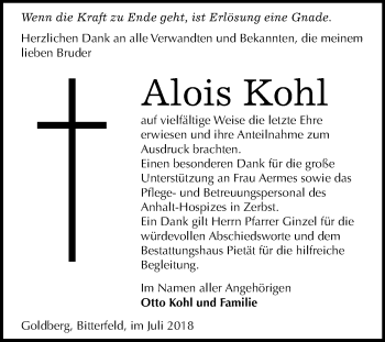 Traueranzeige von Alois Kohl von Mitteldeutsche Zeitung Bitterfeld