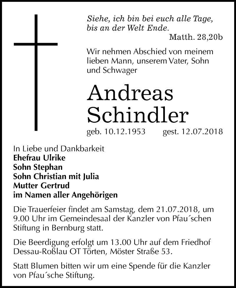  Traueranzeige für Andreas Schindler vom 18.07.2018 aus Mitteldeutsche Zeitung