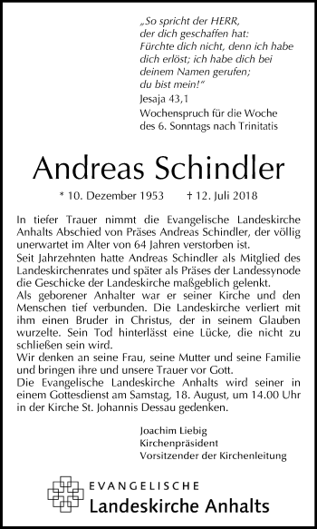 Traueranzeige von Andreas Schindler von Mitteldeutsche Zeitung