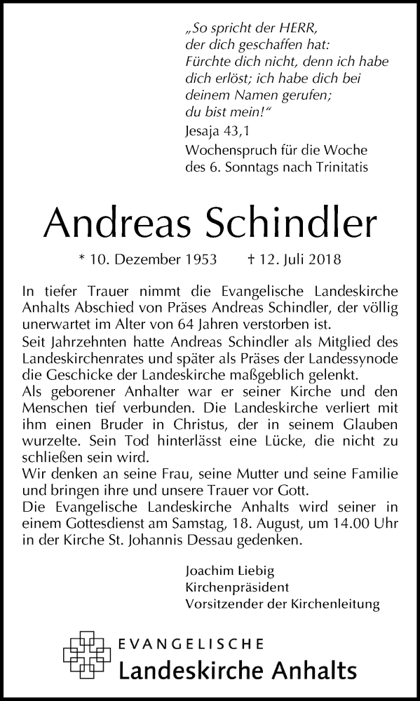  Traueranzeige für Andreas Schindler vom 18.07.2018 aus Mitteldeutsche Zeitung