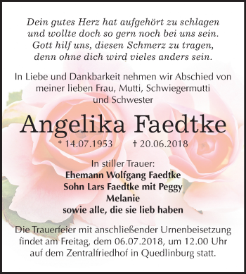 Traueranzeige von Angelika Faedtke von Mitteldeutsche Zeitung Quedlinburg