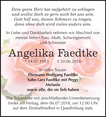 Traueranzeige von Angelika Faedtke von WVG - Wochenspiegel Quedlinburg