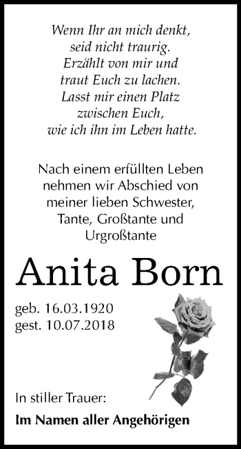 Traueranzeige von Anita Born von Mitteldeutsche Zeitung
