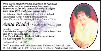 Traueranzeige von Anita Riedel von Mitteldeutsche Zeitung Aschersleben