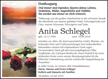 Traueranzeige von Anita Schlegel von Mitteldeutsche Zeitung