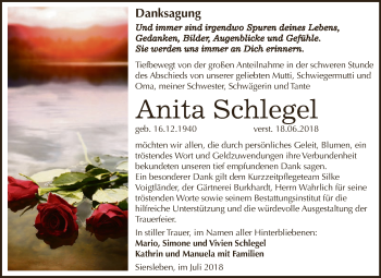 Traueranzeige von Anita Schlegel von Super Sonntag SGH Mansf. Land