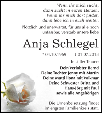 Traueranzeige von Anja Schlegel von Mitteldeutsche Zeitung Aschersleben