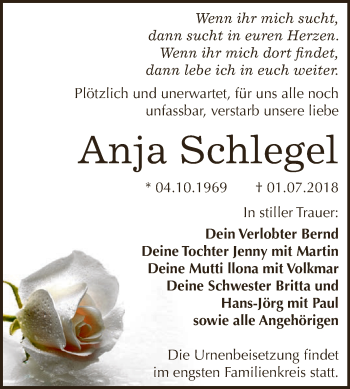 Traueranzeige von Anja Schlegel von Super Sonntag Aschersleben