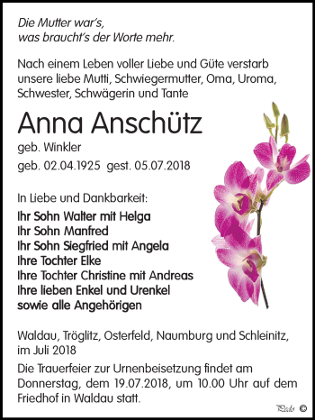 Traueranzeige von Anna Anschütz von Mitteldeutsche Zeitung Zeitz