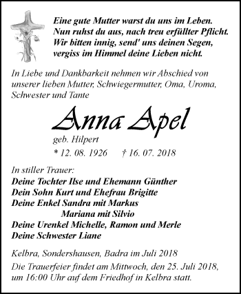 Traueranzeige von Anna Apel von Mitteldeutsche Zeitung Sangerhausen