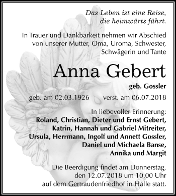 Traueranzeige von Anna Gebert von Mitteldeutsche Zeitung Halle/Saalkreis