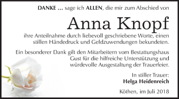 Traueranzeige von Anna Knopf von Mitteldeutsche Zeitung Köthen
