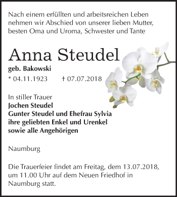 Traueranzeige von Anna Steudel von Mitteldeutsche Zeitung