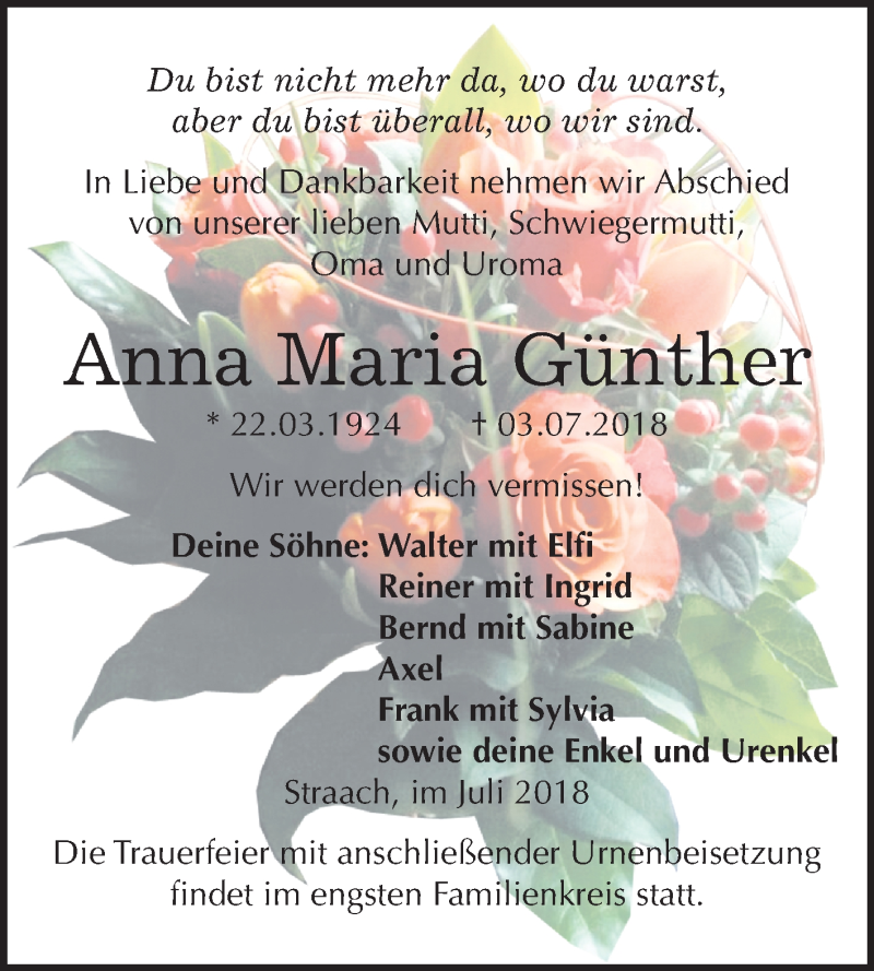  Traueranzeige für Anna Maria Günther vom 21.07.2018 aus Mitteldeutsche Zeitung