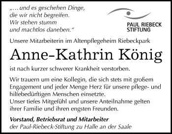 Traueranzeige von Anne-Kathrin König von Mitteldeutsche Zeitung Halle/Saalkreis
