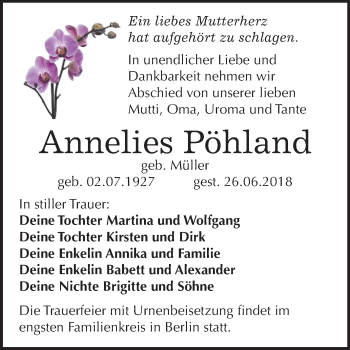 Traueranzeige von Annelies Pöhland von Mitteldeutsche Zeitung