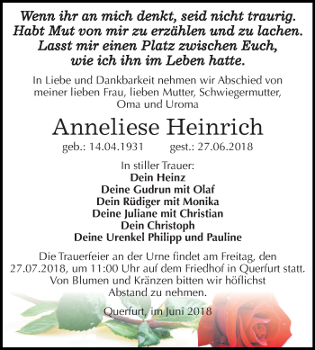 Traueranzeige von Anneliese Heinrich von Mitteldeutsche Zeitung Merseburg/Querfurt